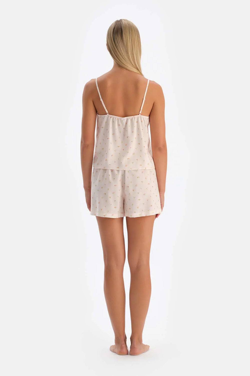 Kırık Beyaz Ince Askılı Desenli Dokuma Pijama Üstü