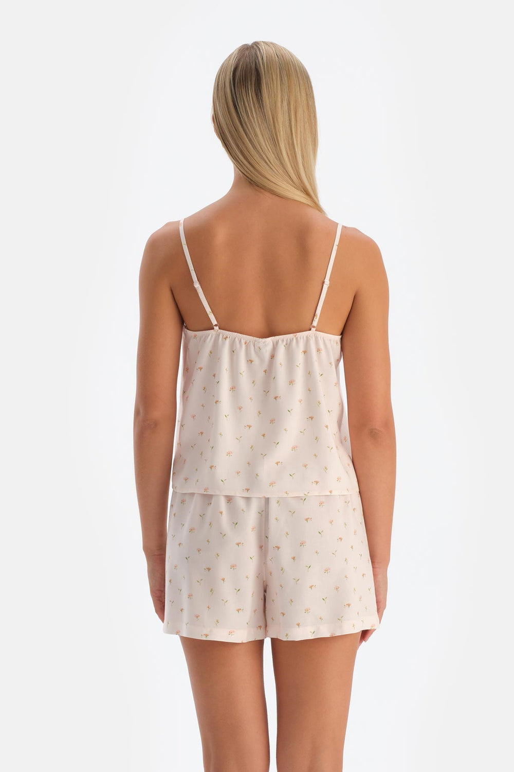 Kırık Beyaz Ince Askılı Desenli Dokuma Pijama Üstü
