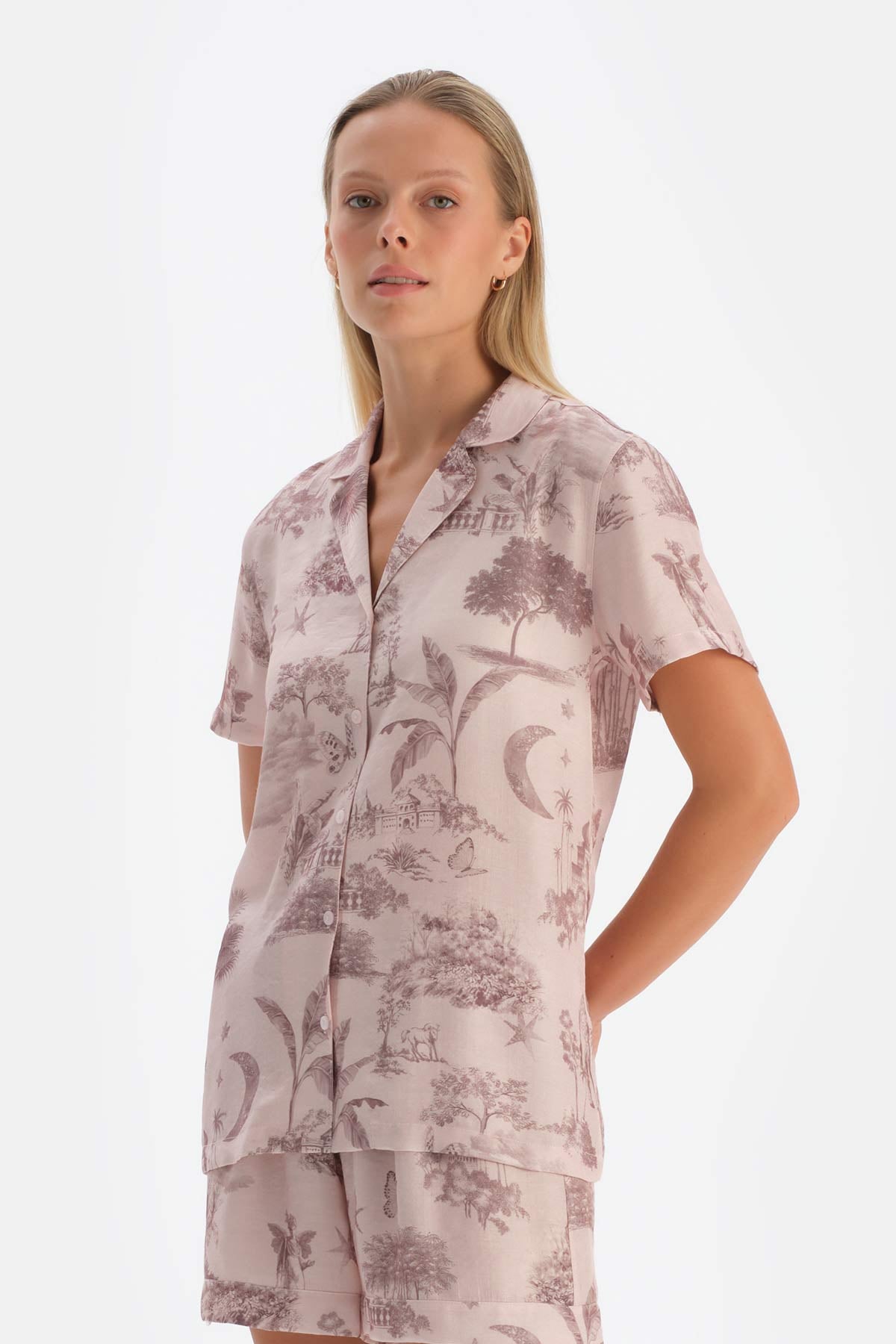 Açık Pembe Desenli Dokuma Gömlek Pijama Üstü