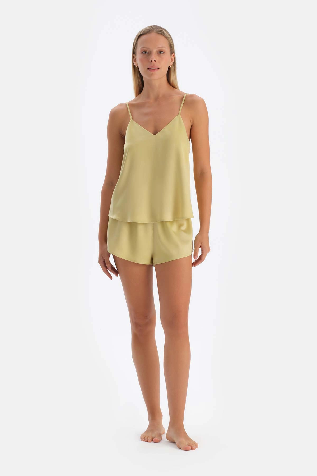 Yağ Yeşili Saten Atlet Pijama Üstü