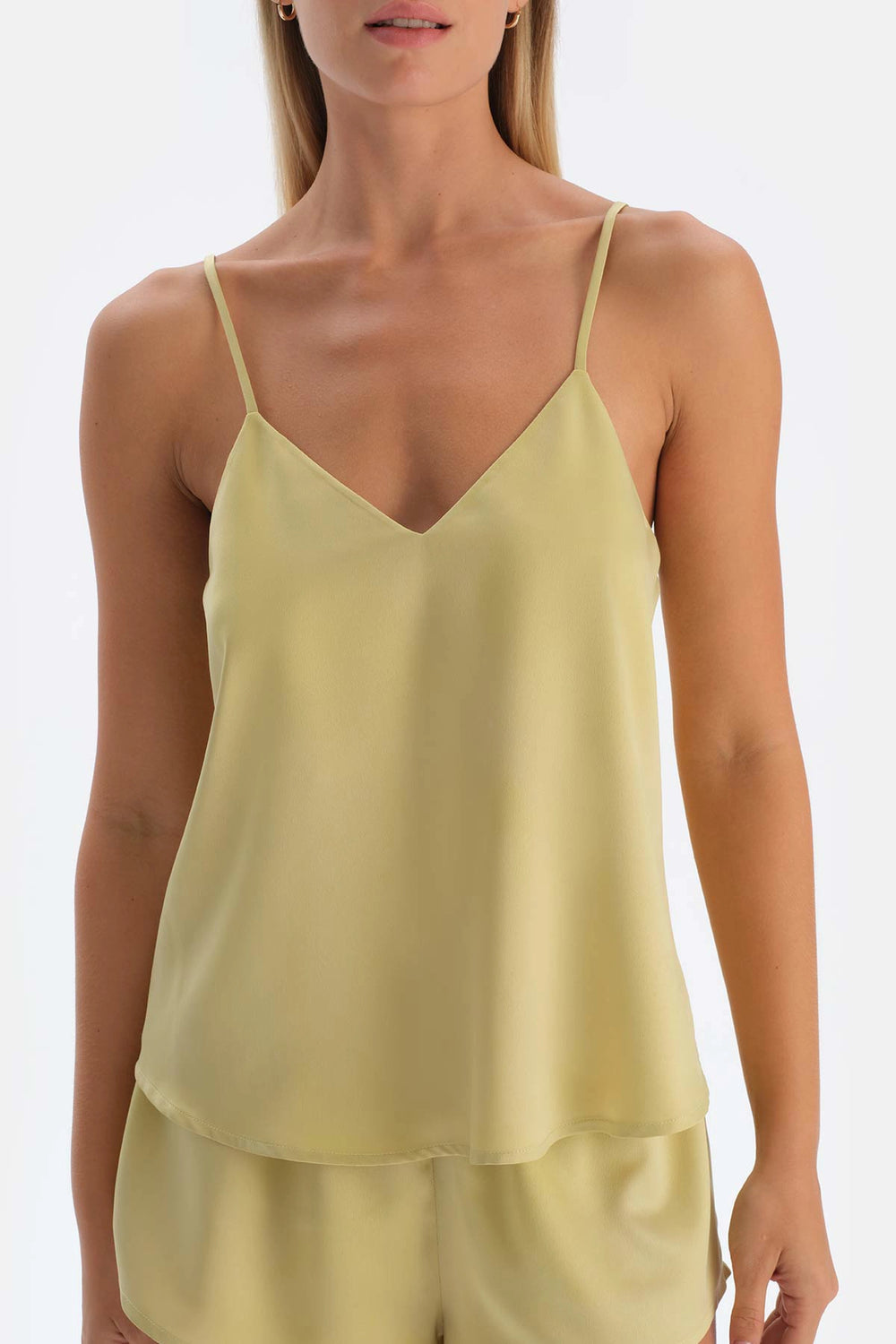 Yağ Yeşili Saten Atlet Pijama Üstü