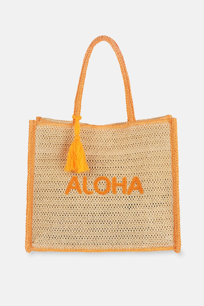 Ekru Aloha Desenli Hasır Plaj Çantası