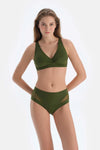 Haki Tül Detaylı Yüksek Bel Bikini Alt