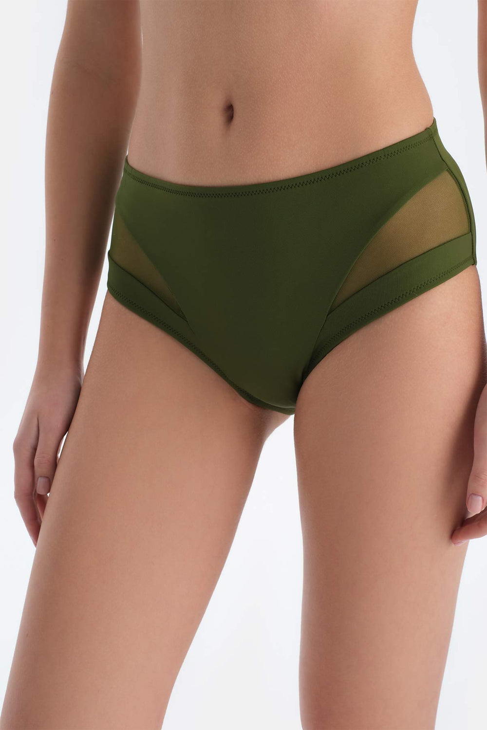 Haki Tül Detaylı Yüksek Bel Bikini Alt
