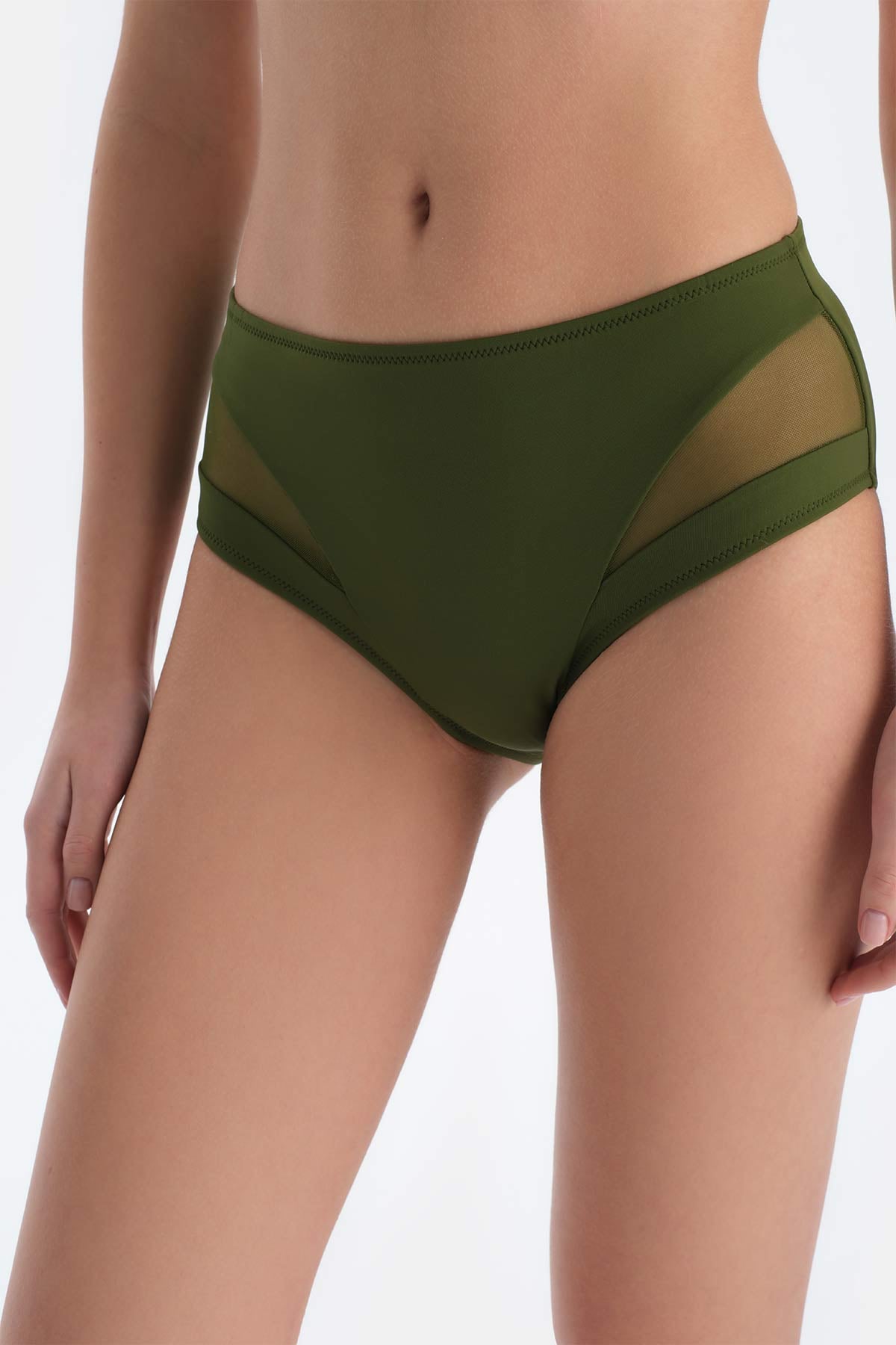 Haki Tül Detaylı Yüksek Bel Bikini Alt