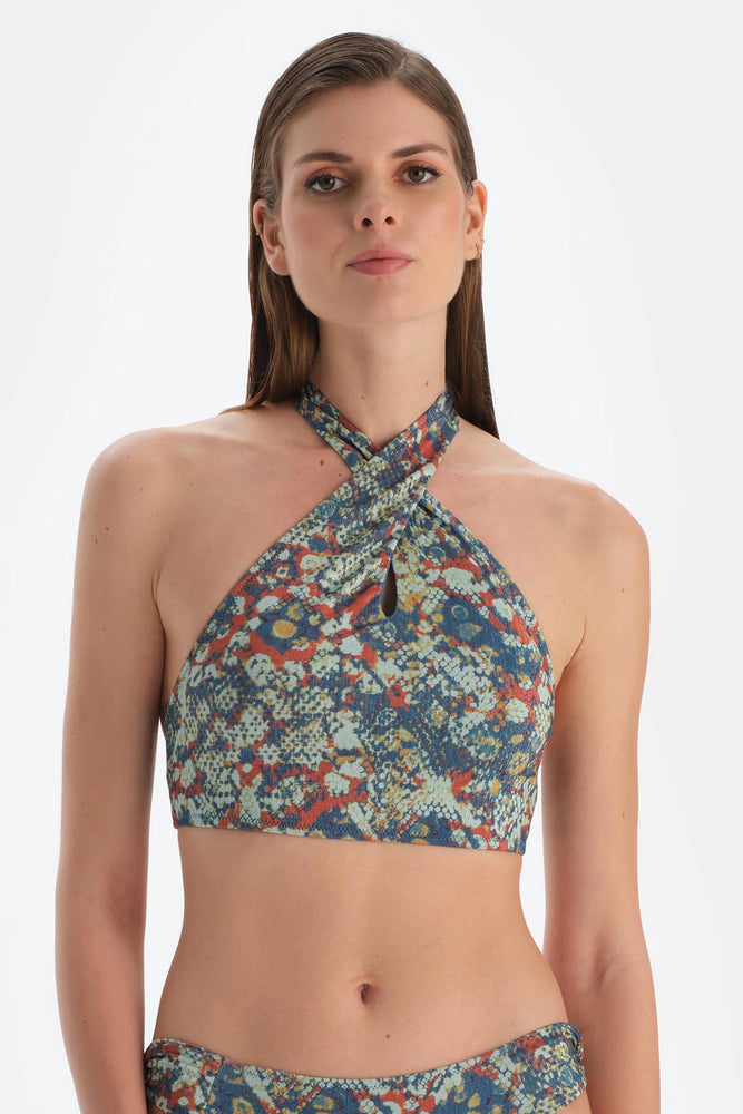 Kiremit-Mavi Halter Yaka Bikini Üst