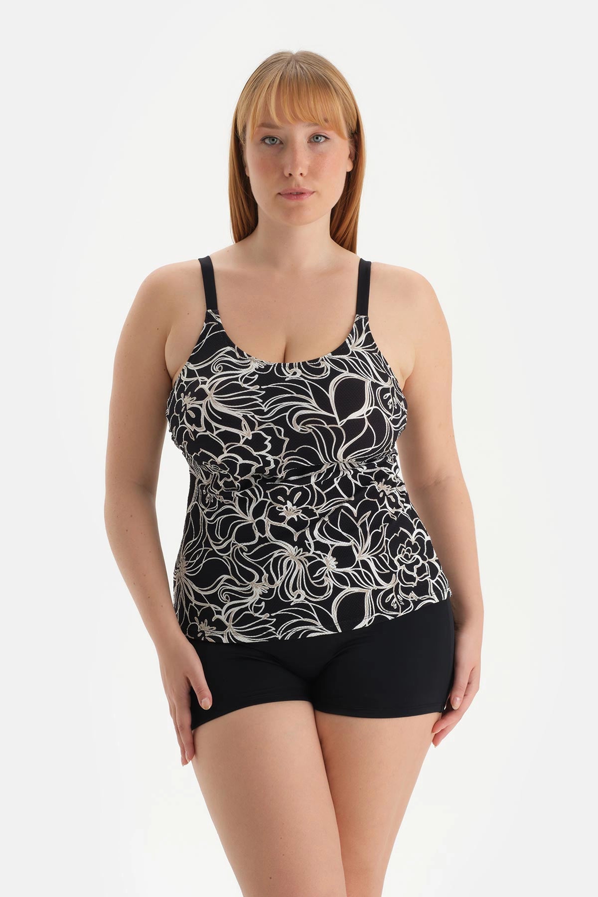 Beyaz-Siyah Korseli Toparlayıcı Tankini Üst