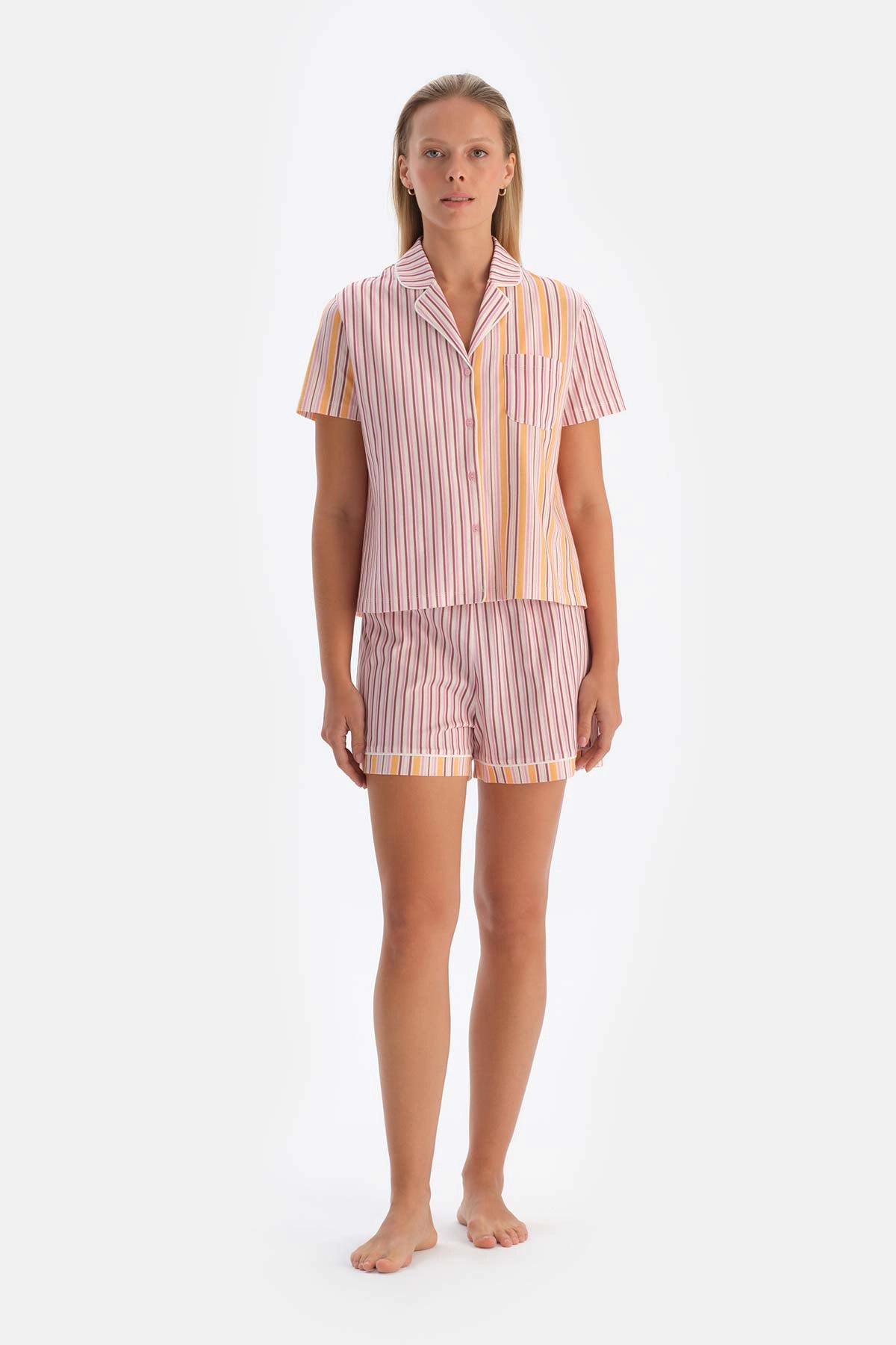 Multicolor Patchwork Çizgili Şortlu Pijama Takımı