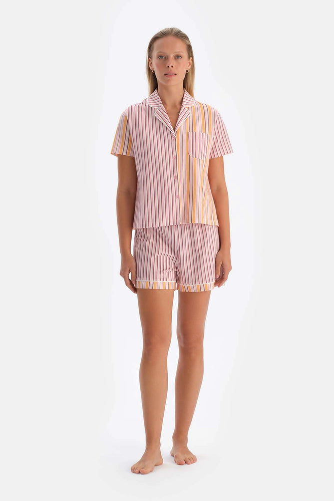 Multicolor Patchwork Çizgili Şortlu Pijama Takımı
