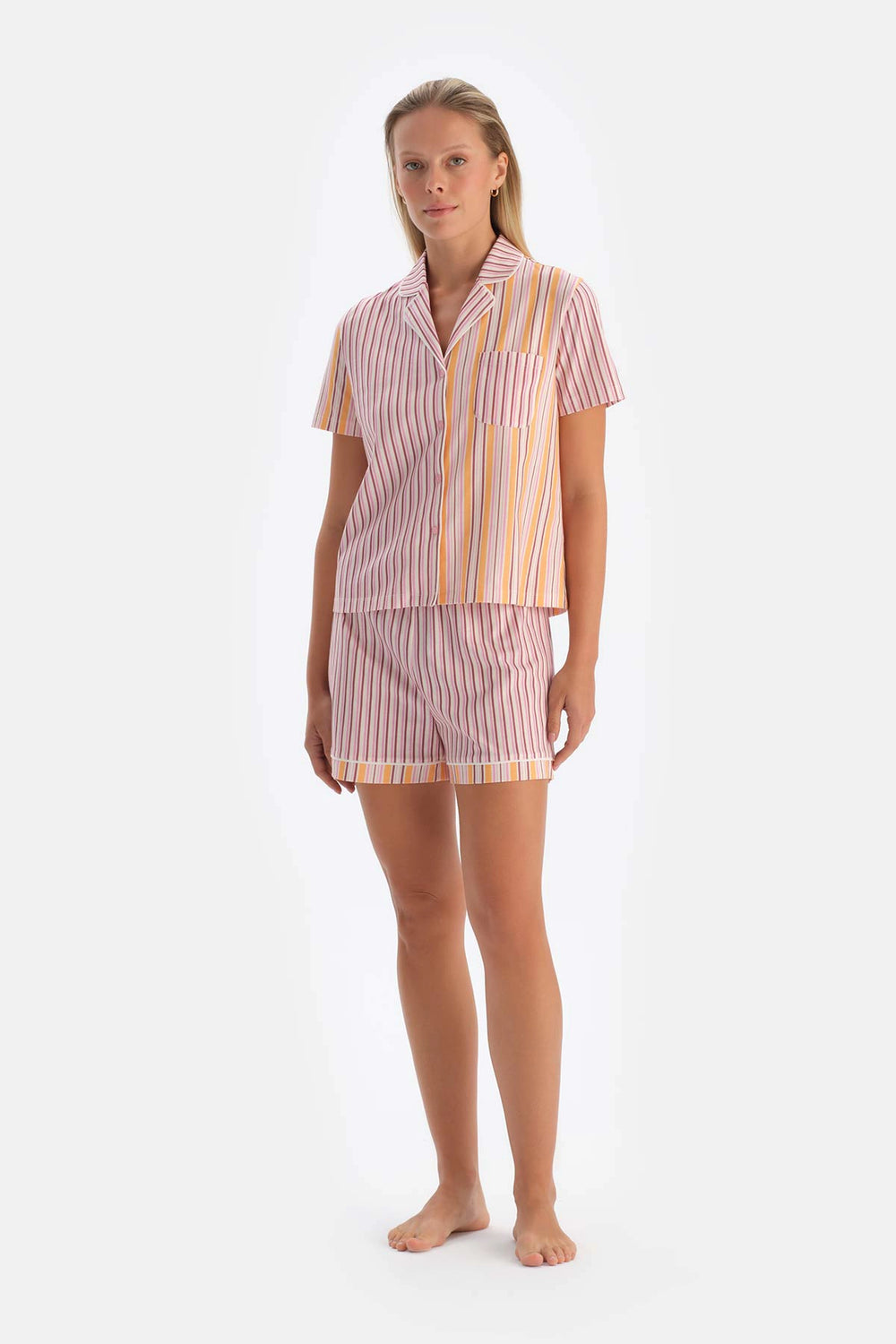 Multicolor Patchwork Çizgili Şortlu Pijama Takımı