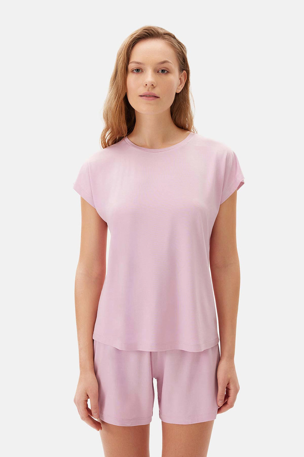 Açık Pembe Kayık Yaka Viskon Şortlu Pijama Takımı