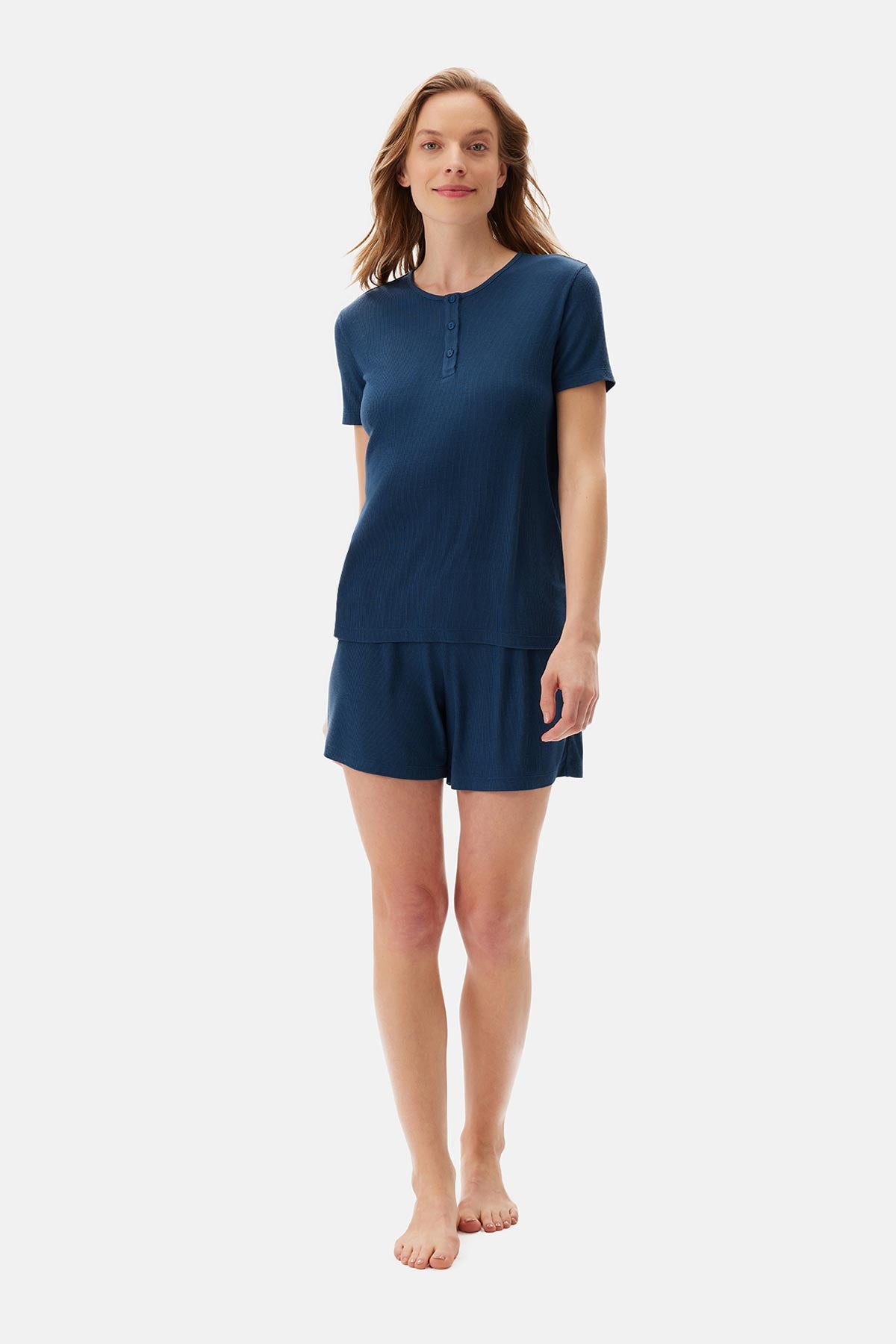 Indigo Yarım Patlı Viskon Şortlu Pijama Takımı
