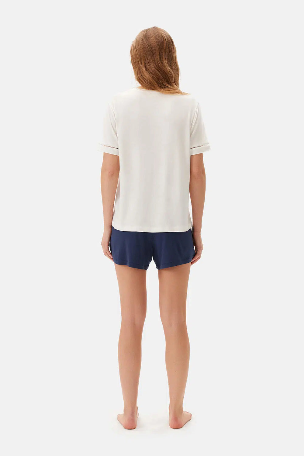 Ekru Bisiklet Yaka Kısa Kol Şortlu Pijama Takımı