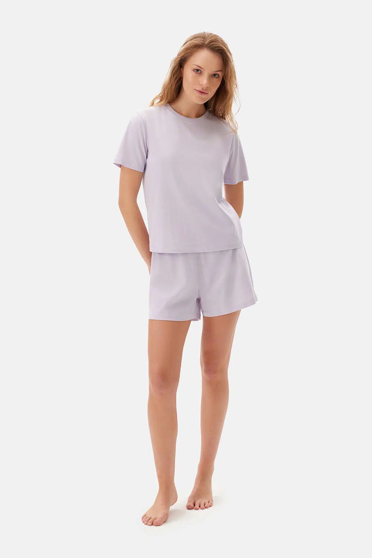 Lila Bisiklet Yaka Supima Şortlu Pijama Takımı