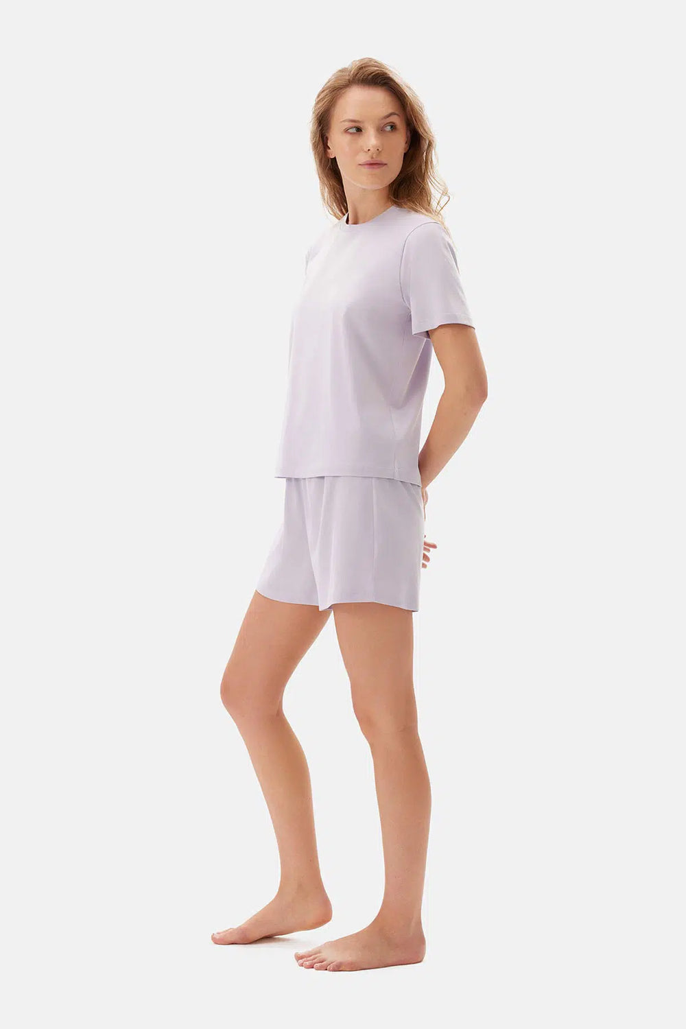 Lila Bisiklet Yaka Supima Şortlu Pijama Takımı