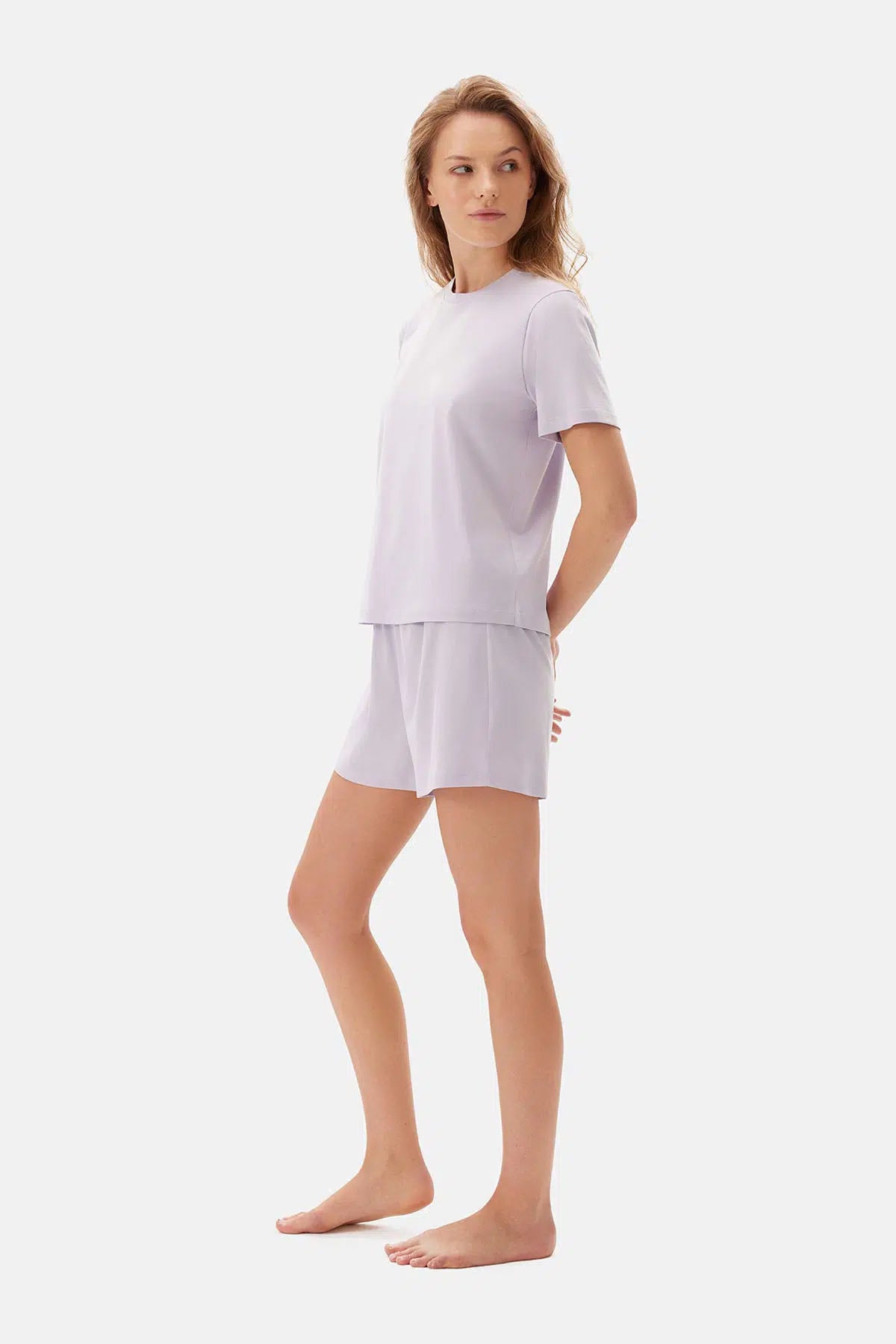 Lila Bisiklet Yaka Supima Şortlu Pijama Takımı