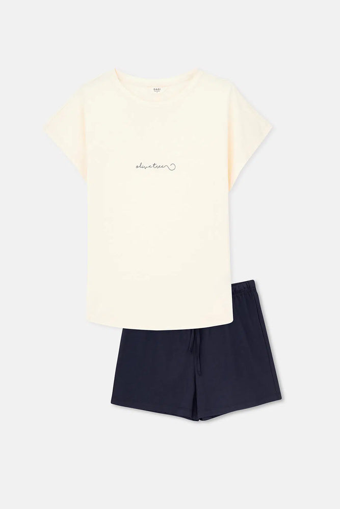 Ekru Baskı Detaylı Kısa Kollu Tişört Şort Pijama Takımı