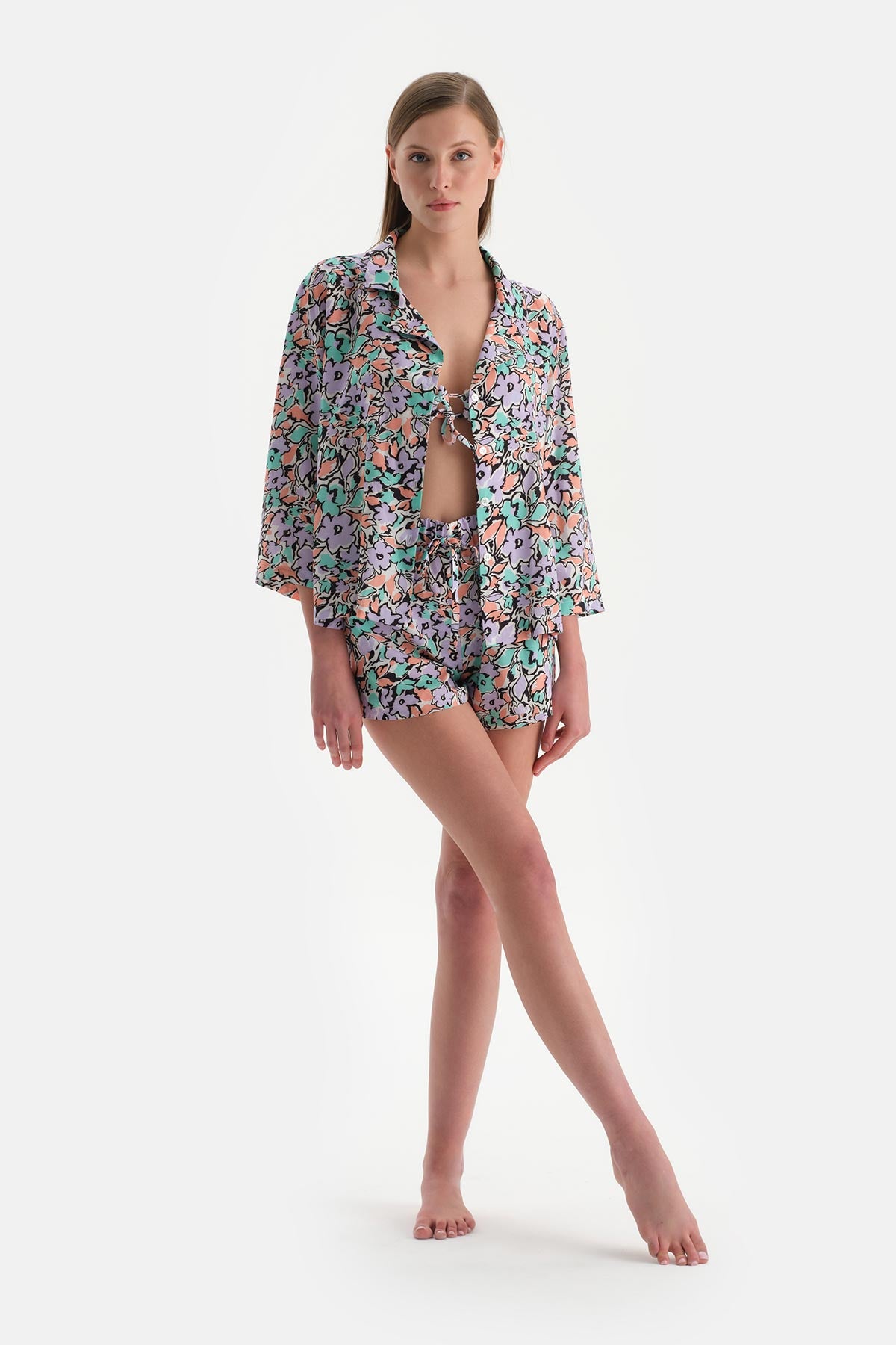 Ekru-Lila Kısa Kol Gömlek Pareo