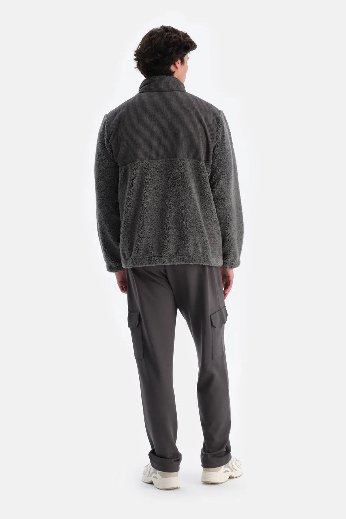 Gri Erkek Önden Fermuarlı Kadife Detaylı Polar Sweatshırt