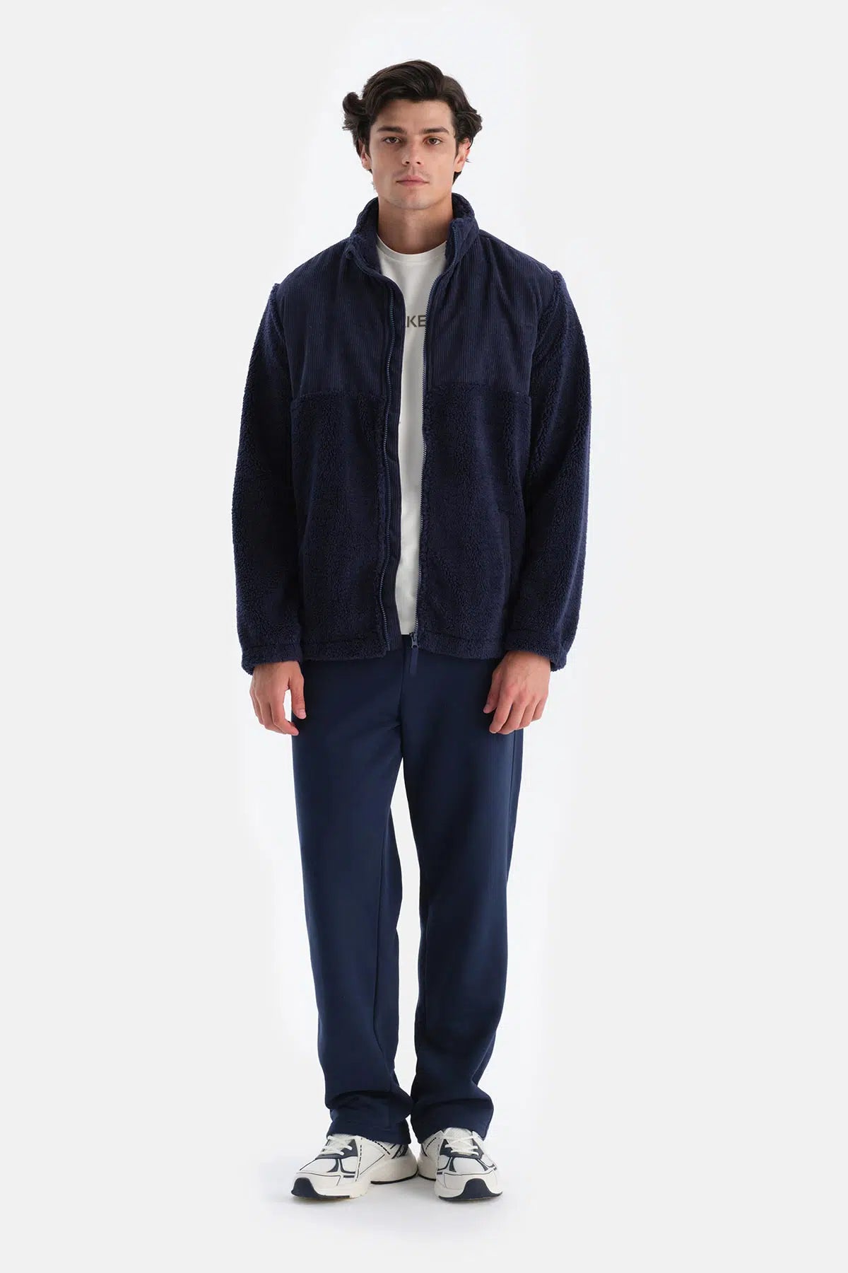 Lacivert Erkek Önden Fermuarlı Kadife Detaylı Polar Sweatshırt