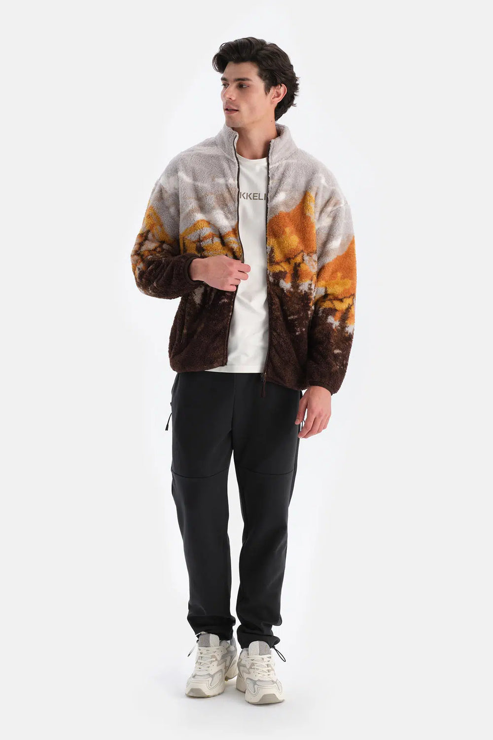 Koyu Kahve Erkek Manzara Dağ Baskılı Polar Sweatshırt