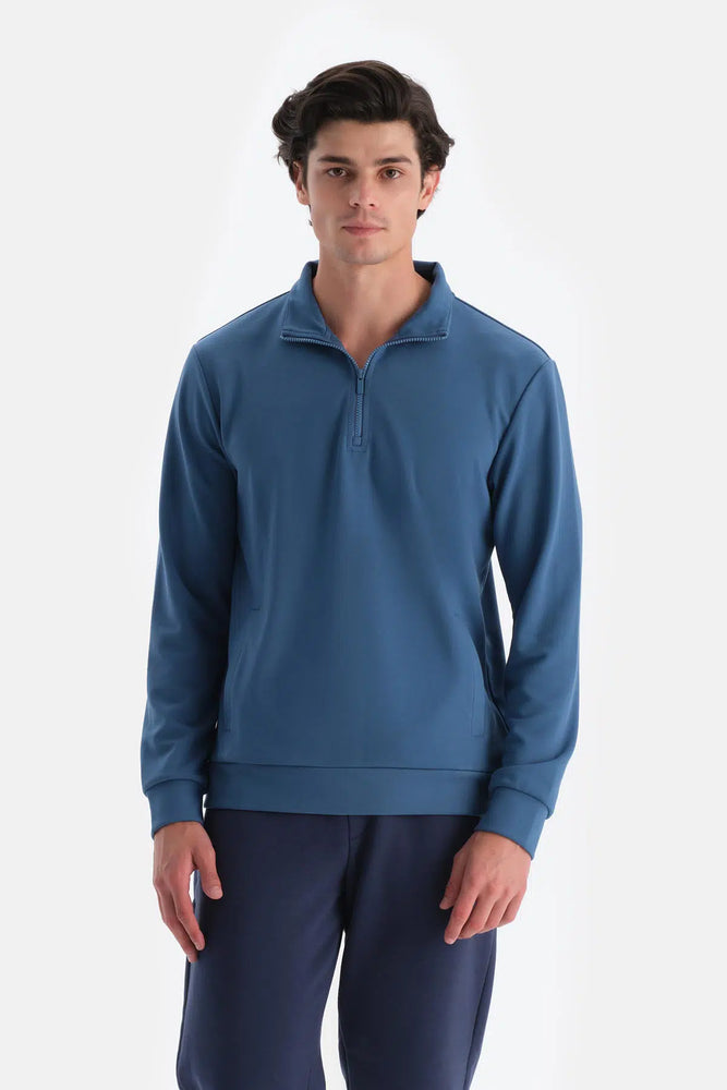 Indigo Erkek Dik Yaka Yarım Fermuarlı Sweatshırt