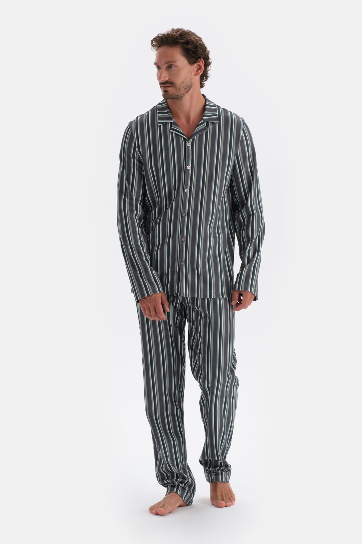 Füme Gömlek Yaka Çizgili Pamuk Modal Pijama Takımı