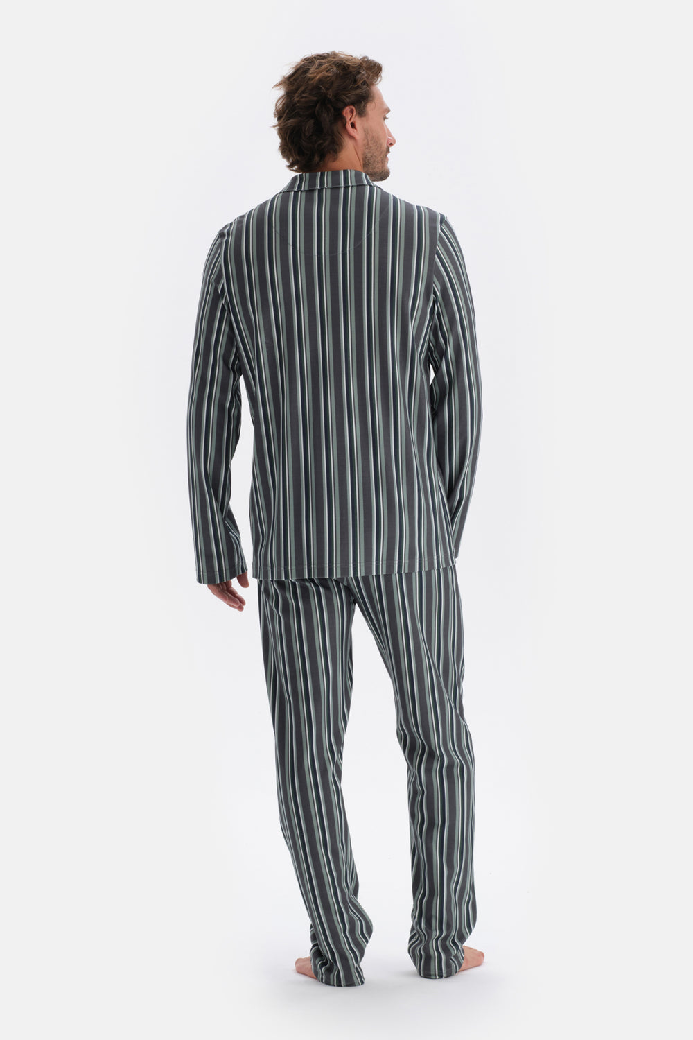 Füme Gömlek Yaka Çizgili Pamuk Modal Pijama Takımı