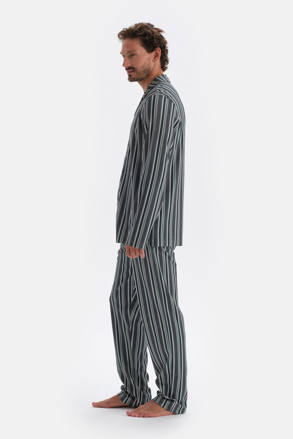 Füme Gömlek Yaka Çizgili Pamuk Modal Pijama Takımı
