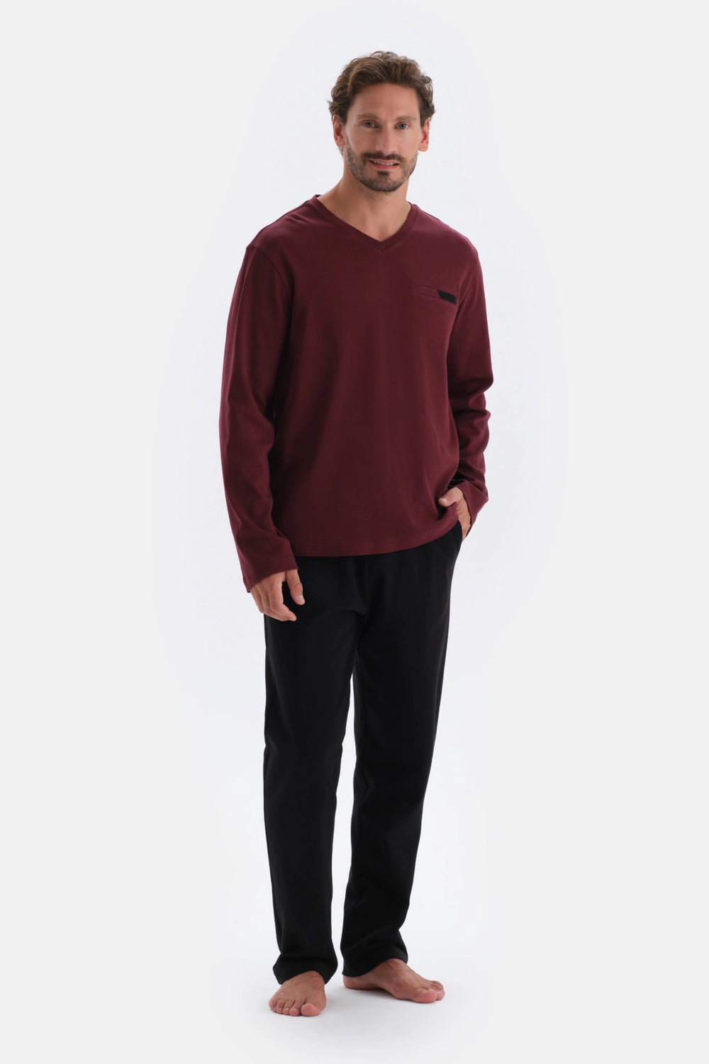 Bordo V Yaka Uzun Kollu Örme Pijama Takımı