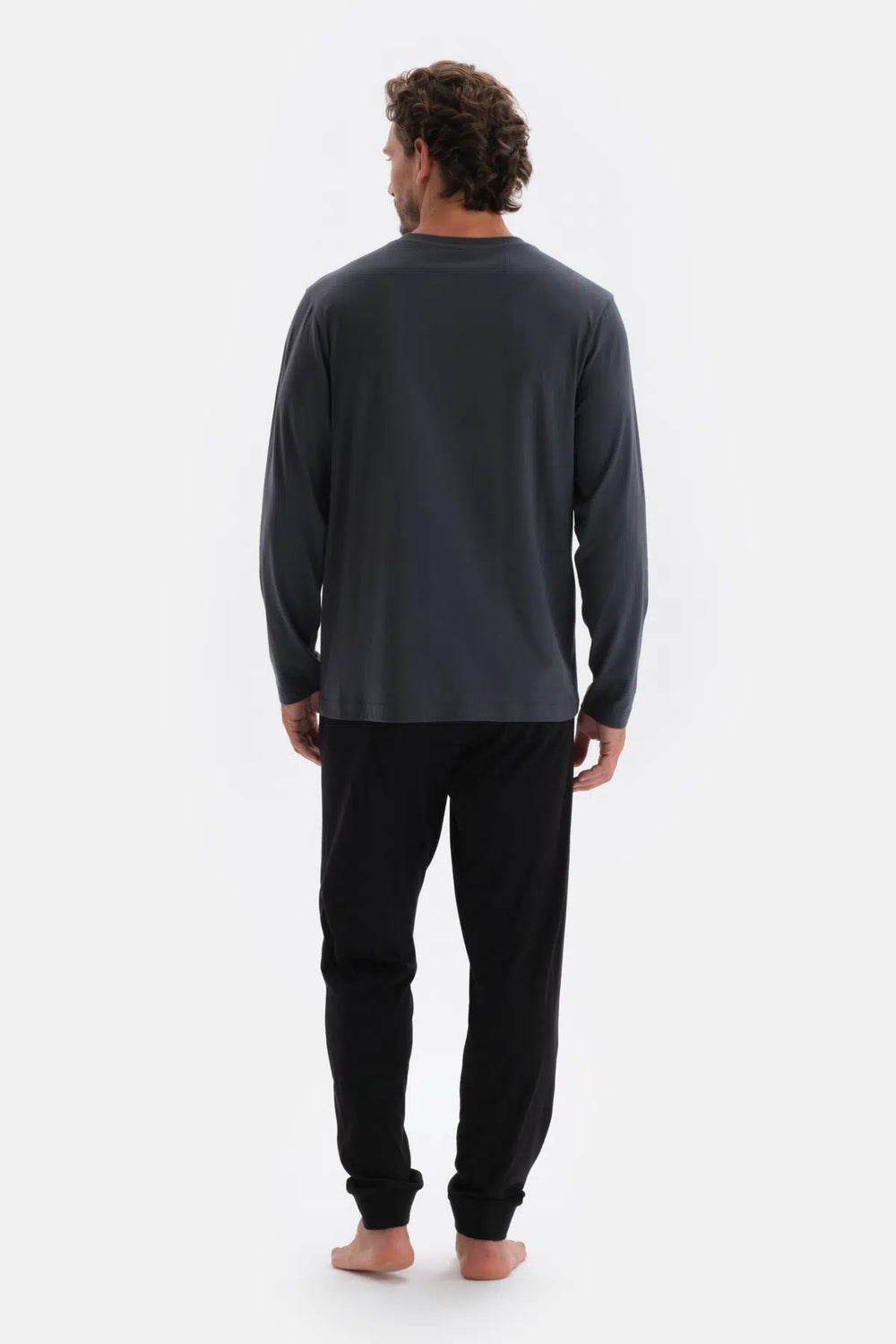 Antrasıt Yarım Patlı Uzun Kollu Penye Modal Pijama Takımı