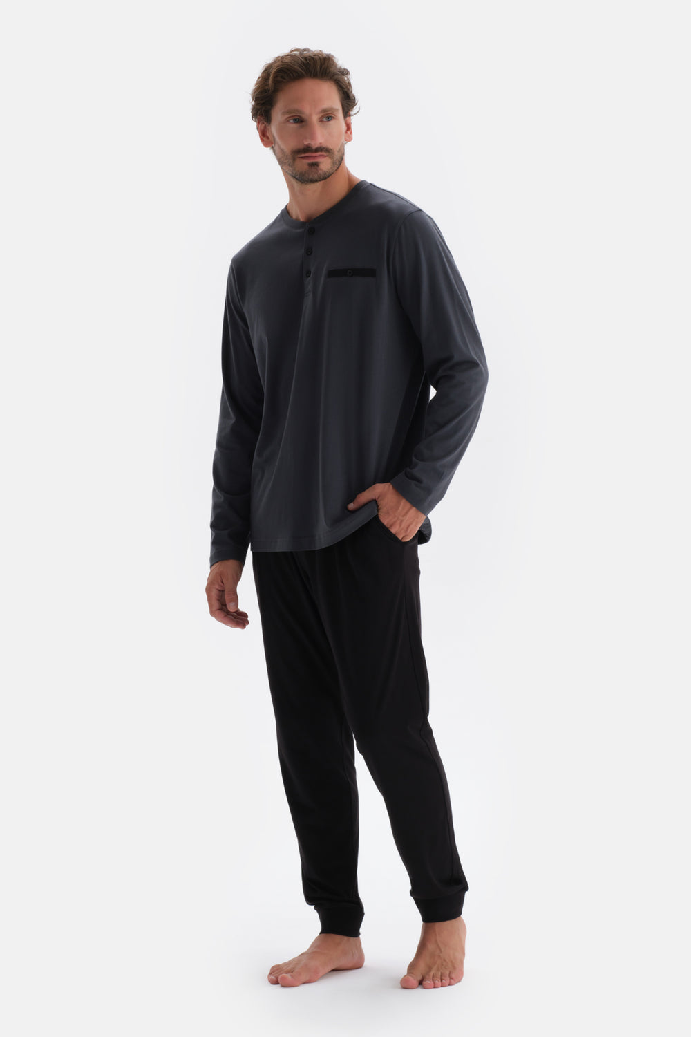 Antrasıt Yarım Patlı Uzun Kollu Penye Modal Pijama Takımı