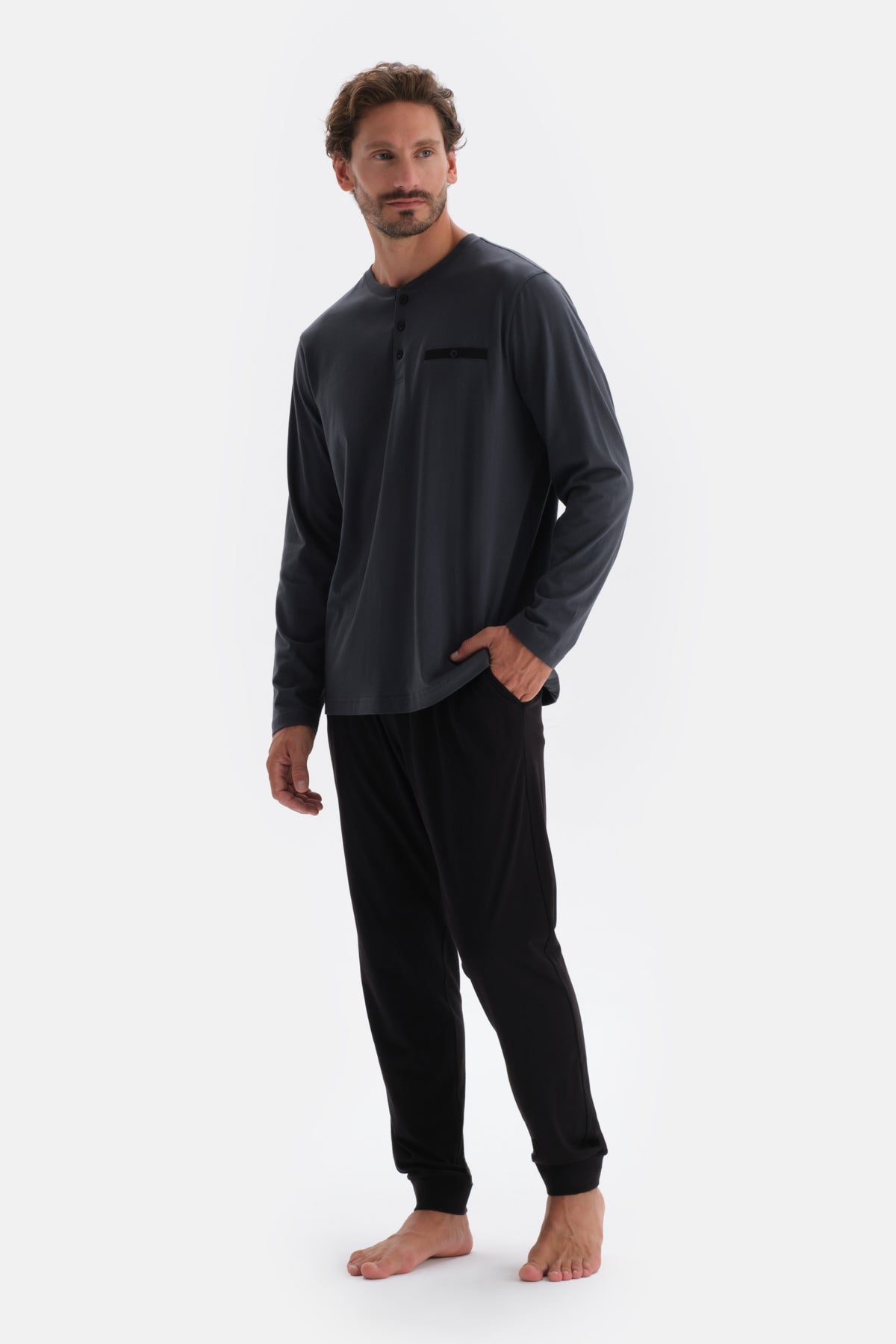 Antrasıt Yarım Patlı Uzun Kollu Penye Modal Pijama Takımı