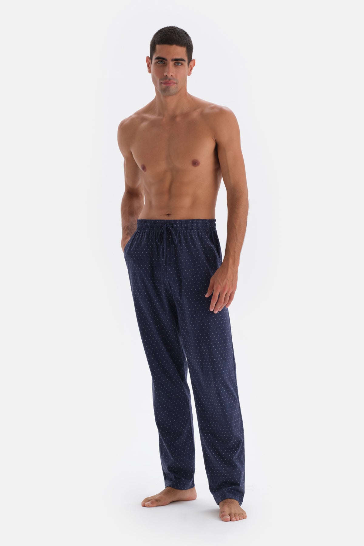 Lacivert Yarım Patlı Uzun Kollu Altı Metraj Baskılı Örme Pijama Takımı