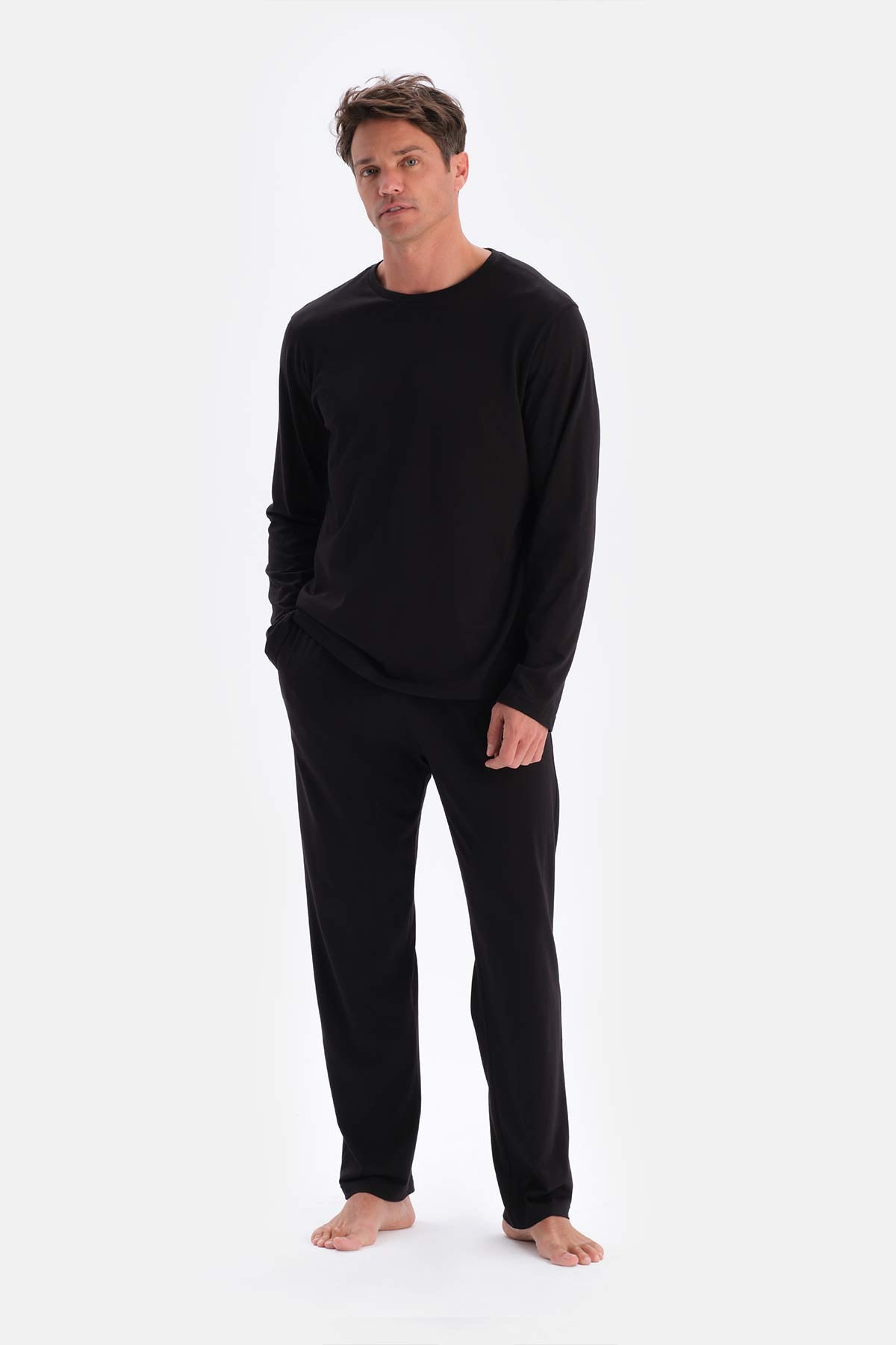 Siyah Bisiklet Yaka Penye Modal Pijama Takımı
