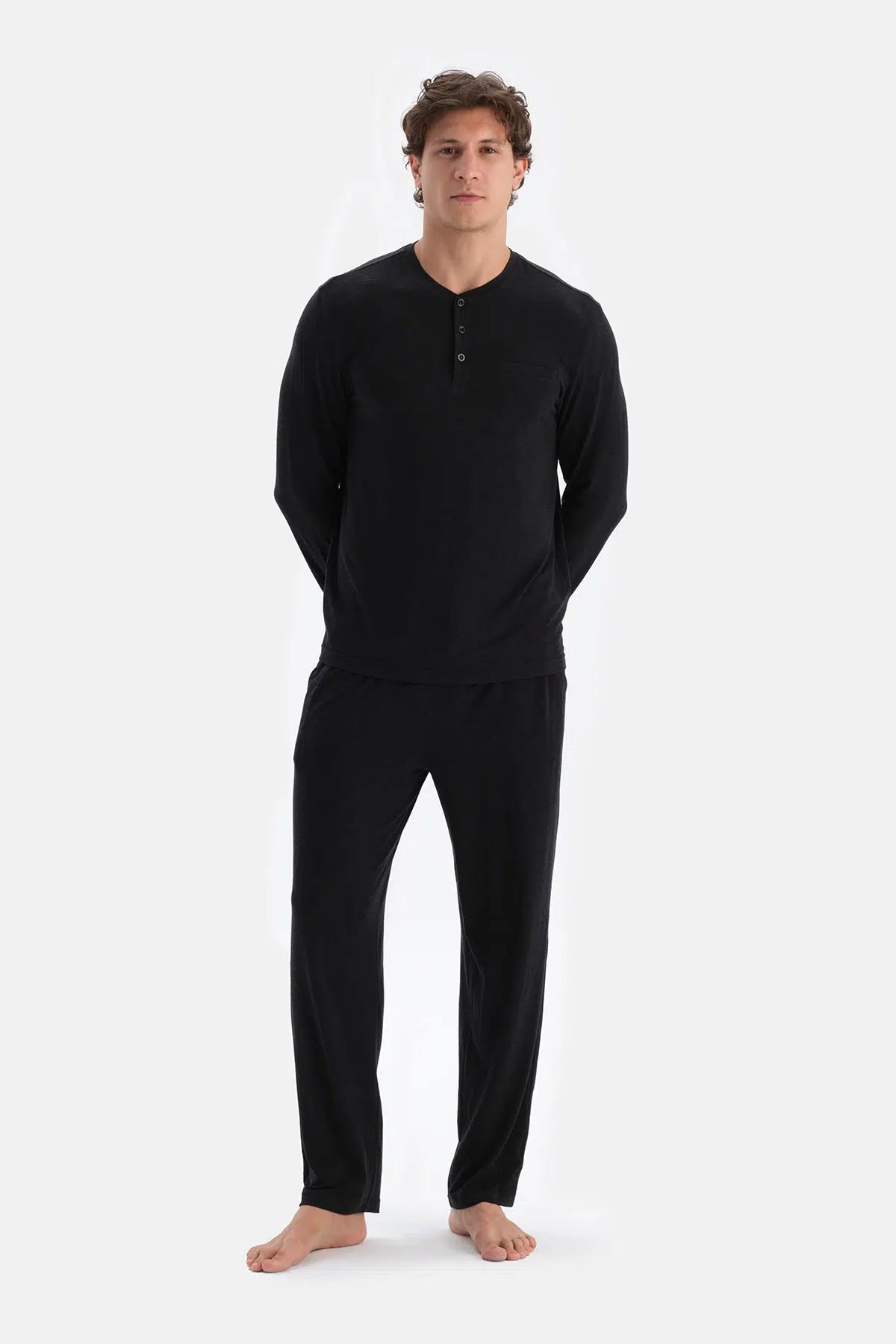 Antrasit Melanj Yarım Patlı Uzun Kollu Kaşmir Karışımlı Tişört Pantolon Pijama Takımı