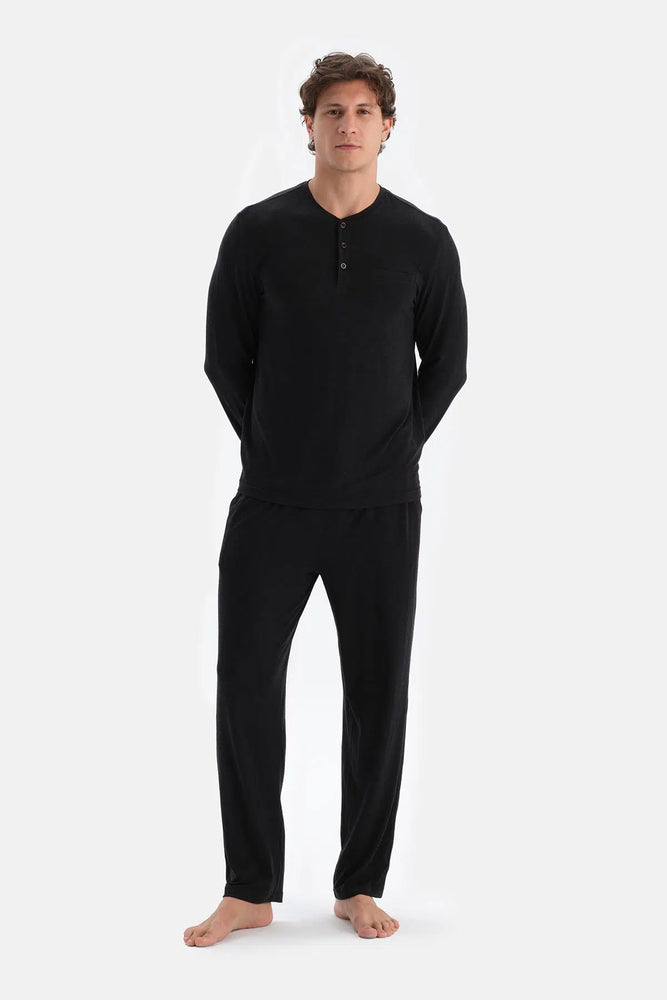 Antrasit Melanj Yarım Patlı Uzun Kollu Kaşmir Karışımlı Tişört Pantolon Pijama Takımı