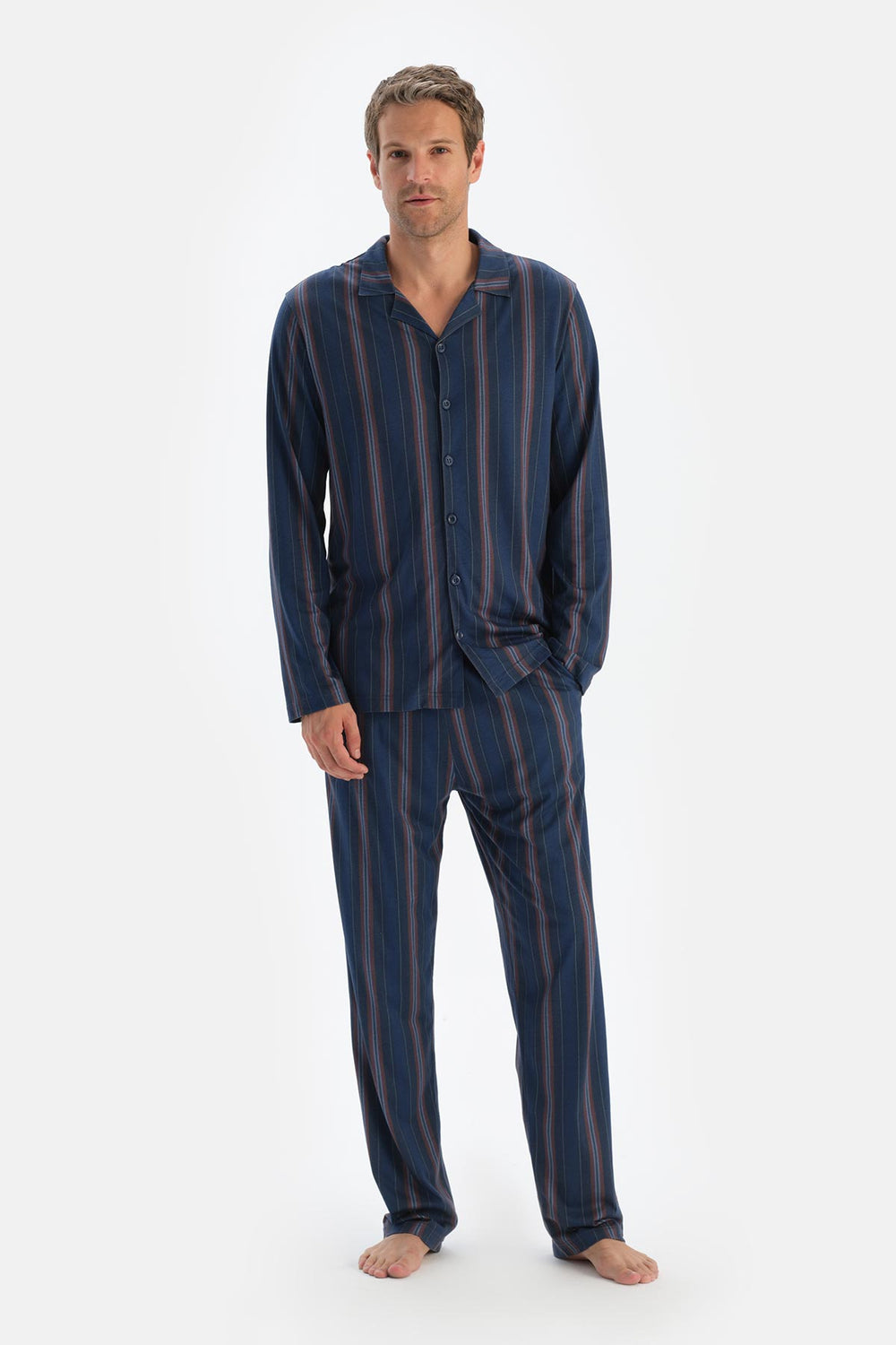 Lacivert Çizgili Gömlek Pantolon Pijama Takımı