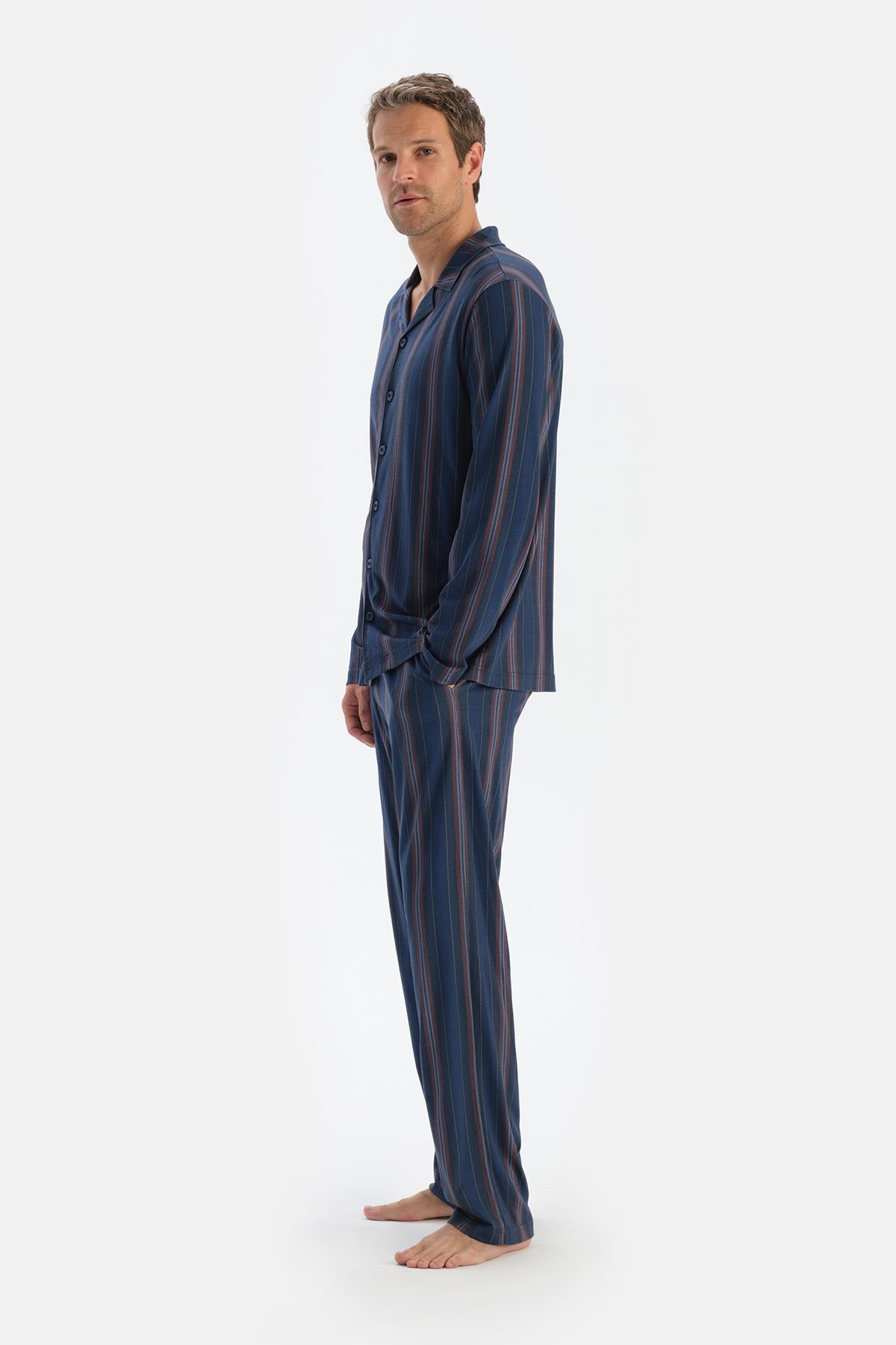 Lacivert Çizgili Gömlek Pantolon Pijama Takımı