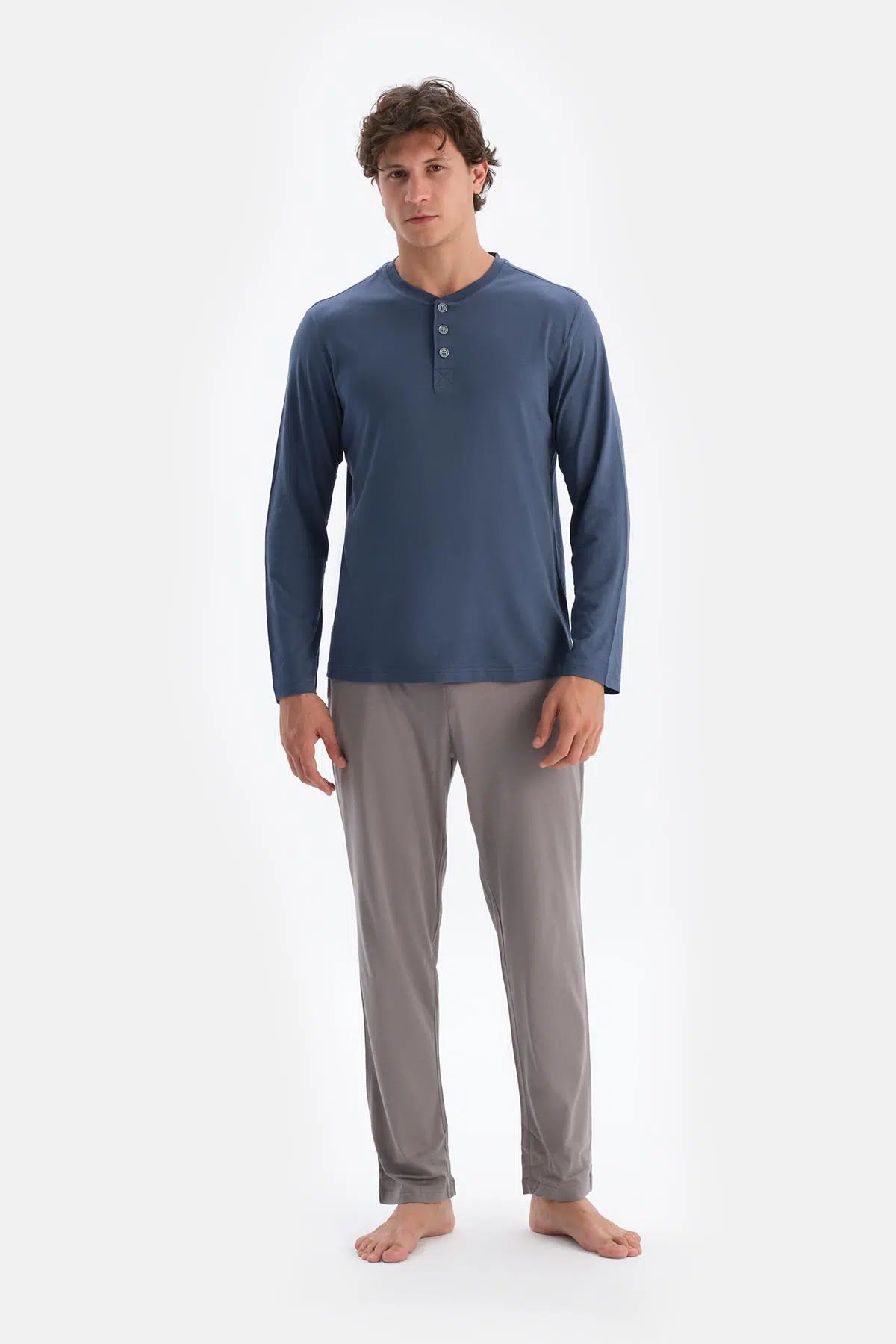 Mavi Patlı Uzun Kollu Tişört Pantolon Pijama Takımı