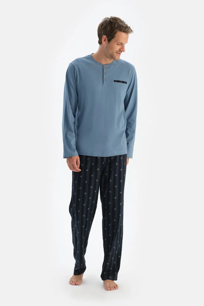 Mavi Patlı Fleto Cepli Uzun Kollu Tişört Pantolon Pijama Takımı