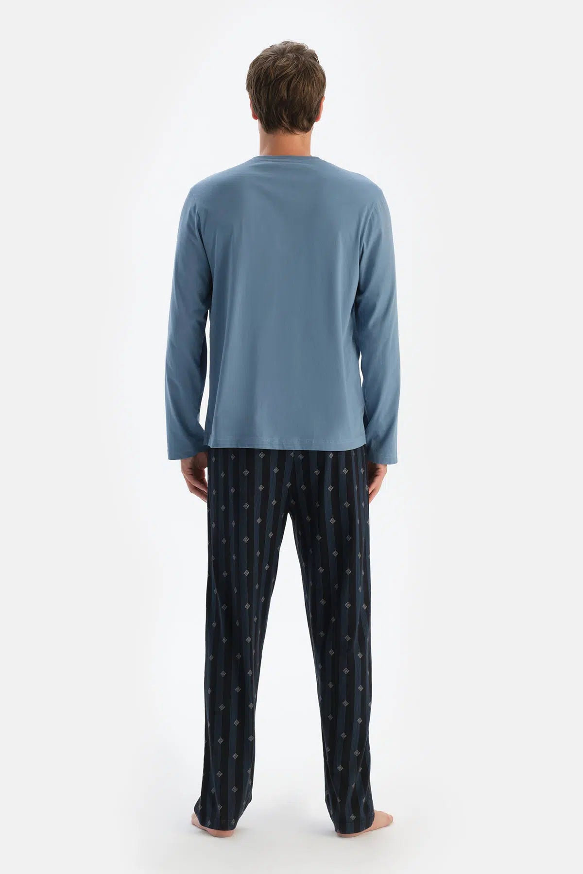 Mavi Patlı Fleto Cepli Uzun Kollu Tişört Pantolon Pijama Takımı