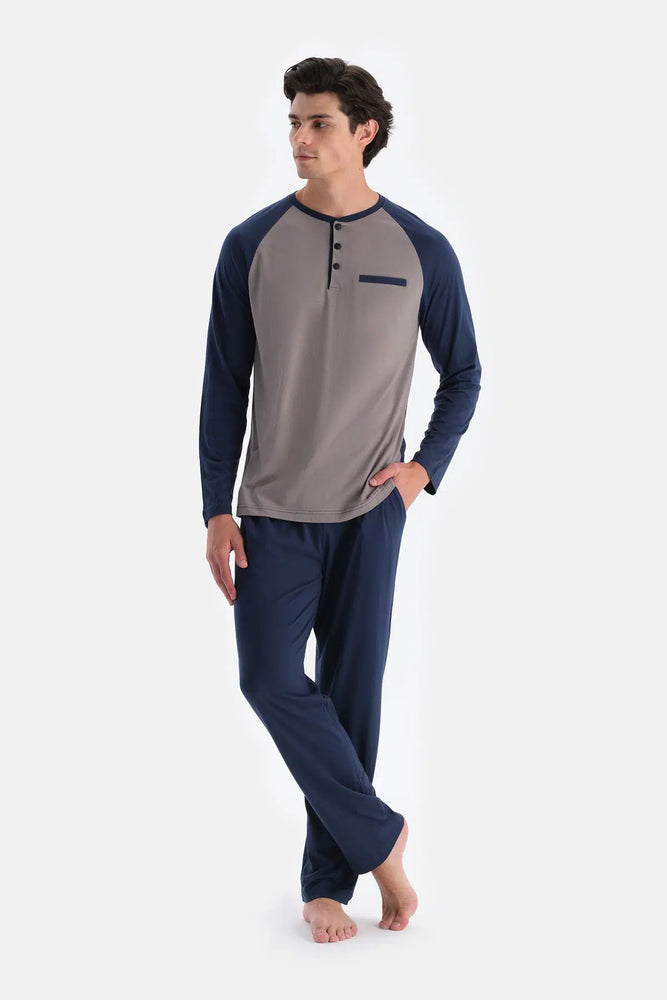 Lacivert Reglan Kol Detaylı Tişört Pantolon Pijama Takımı