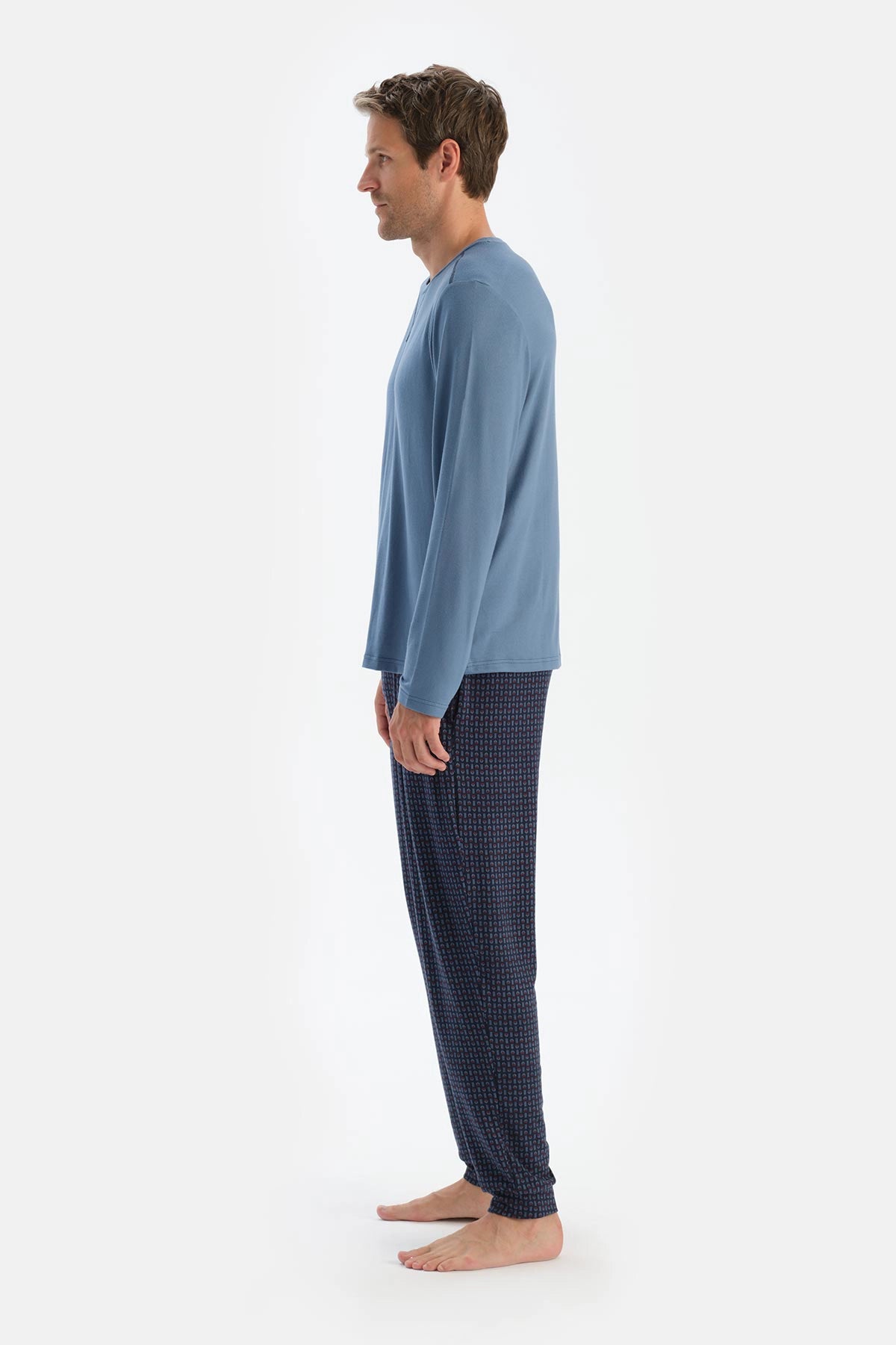 Mavi Dikiş Detaylı Uzun Kollu Tişört Pantolon Pijama Takımı