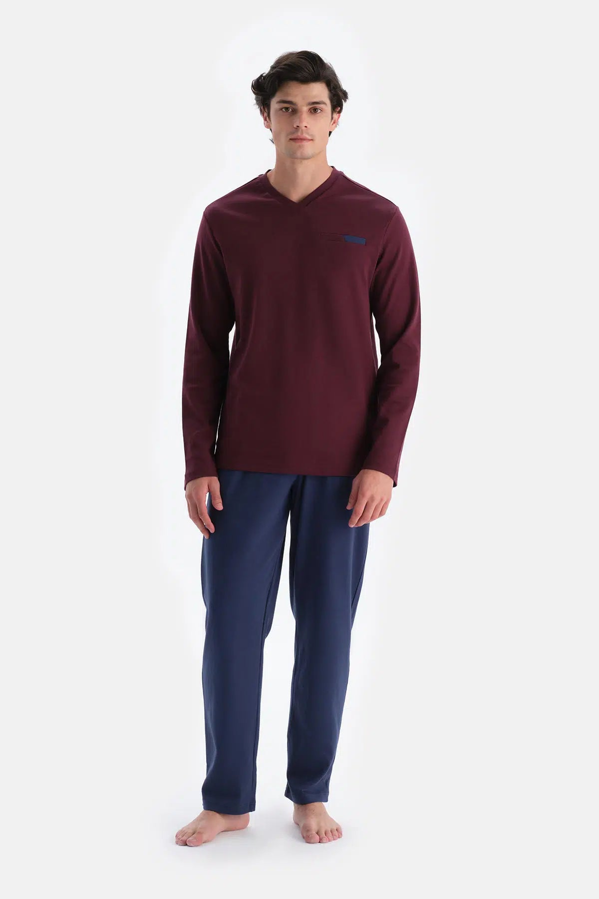 Bordo V Yaka Fleto Cepli Tişört Pantolon Pijama Takımı