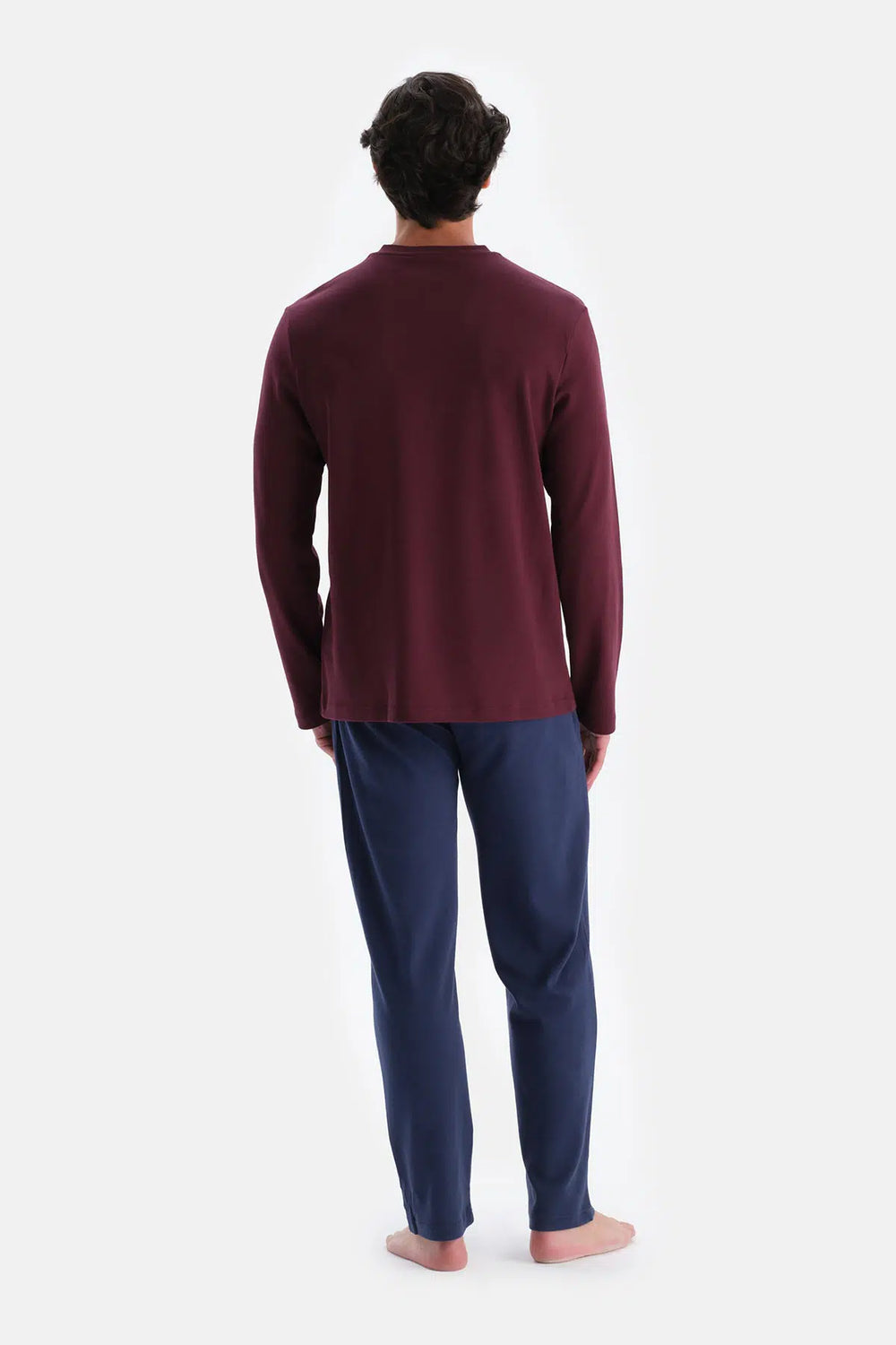 Bordo V Yaka Fleto Cepli Tişört Pantolon Pijama Takımı