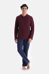 Bordo V Yaka Fleto Cepli Tişört Pantolon Pijama Takımı