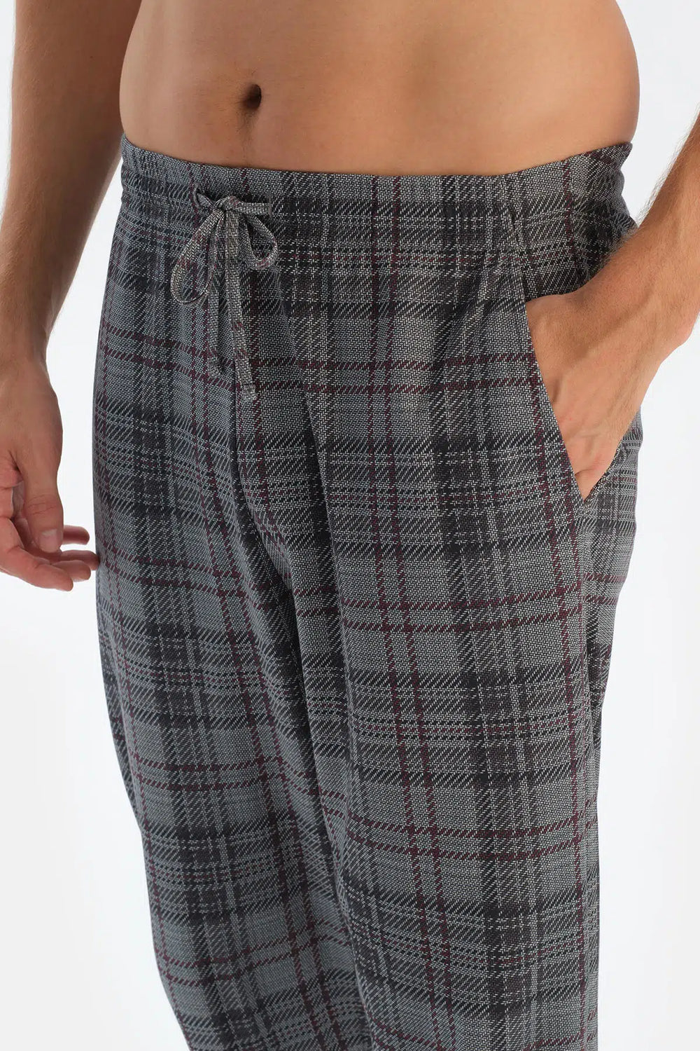 Bordo Bisiklet Yaka Reglan Kol Altı Ekoseli Pijama Takımı