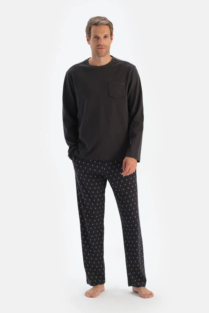 Füme Bisiklet Yaka Uzun Kol Tişört Desenli Pantolon Pijama Takımı