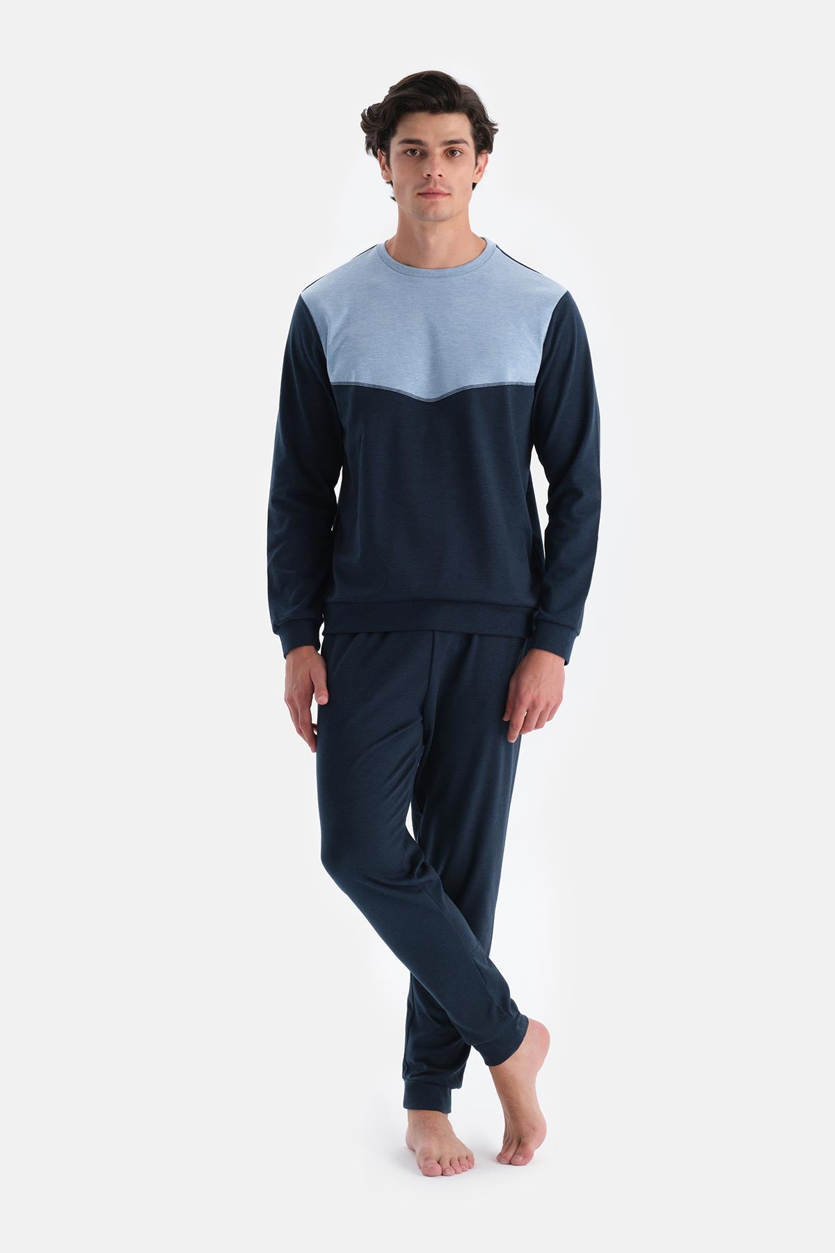 Indigo Melanj Bisiklet Yaka Uzun Kollu Jogger Pantolonlu Pijama Takımı